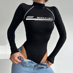 Personality Street Sports Turtleneck Print Raglan Sleeve Slim Knitted Jumpsuit