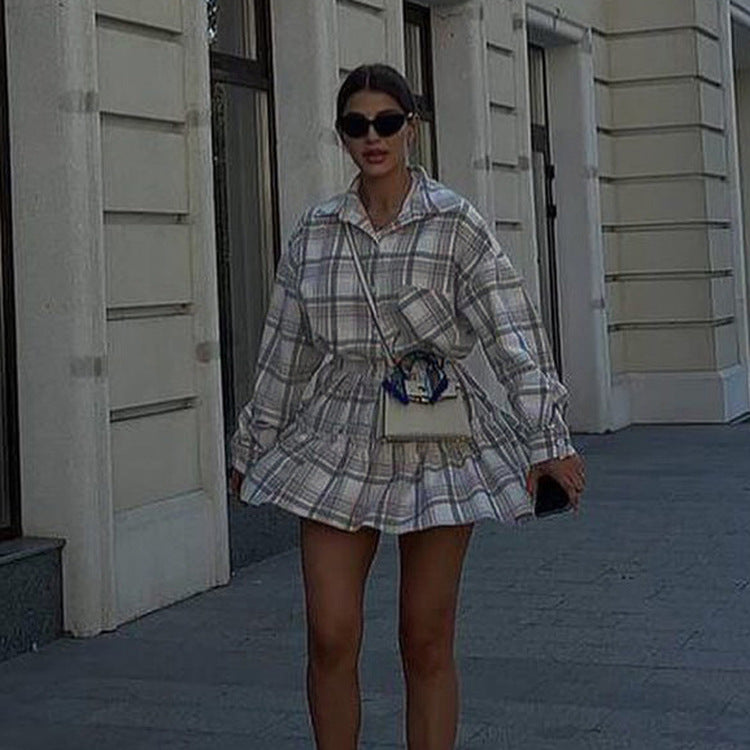 Plaid Collared Long Sleeve Shirt Nipped Waist Skirt Set