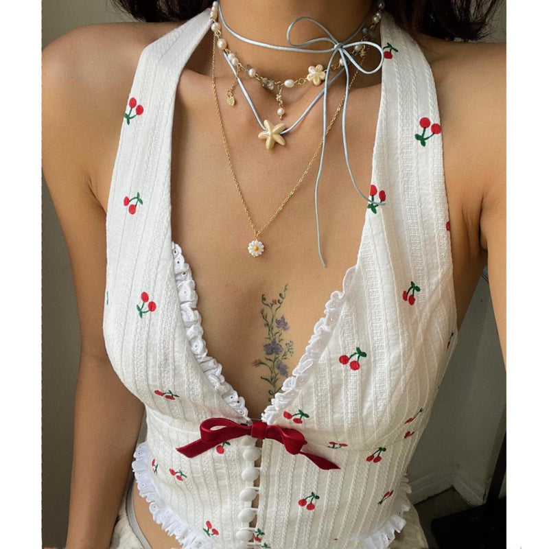 Women's Cherry-Print Halter V-Neck Vest Top
