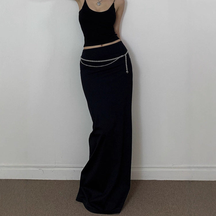 Retro Sheath High Waist Solid Color Drape Slit Long Skirt