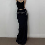 Retro Sheath High Waist Solid Color Drape Slit Long Skirt