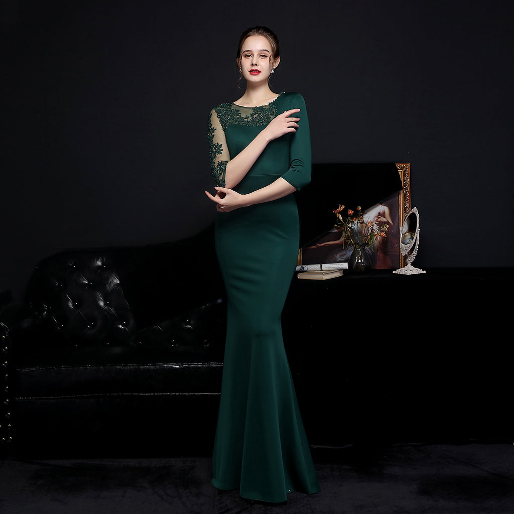 Women's Diamond Bridal Long Sleeve Dinner Fishtail Evening Dress Formal Gown
