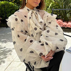 Printed Lace-Up Lantern-Sleeve Top