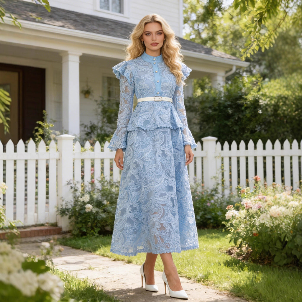 Women's Stand-Collar Embroidered Lace Belted Long-Sleeve Maxi Dress