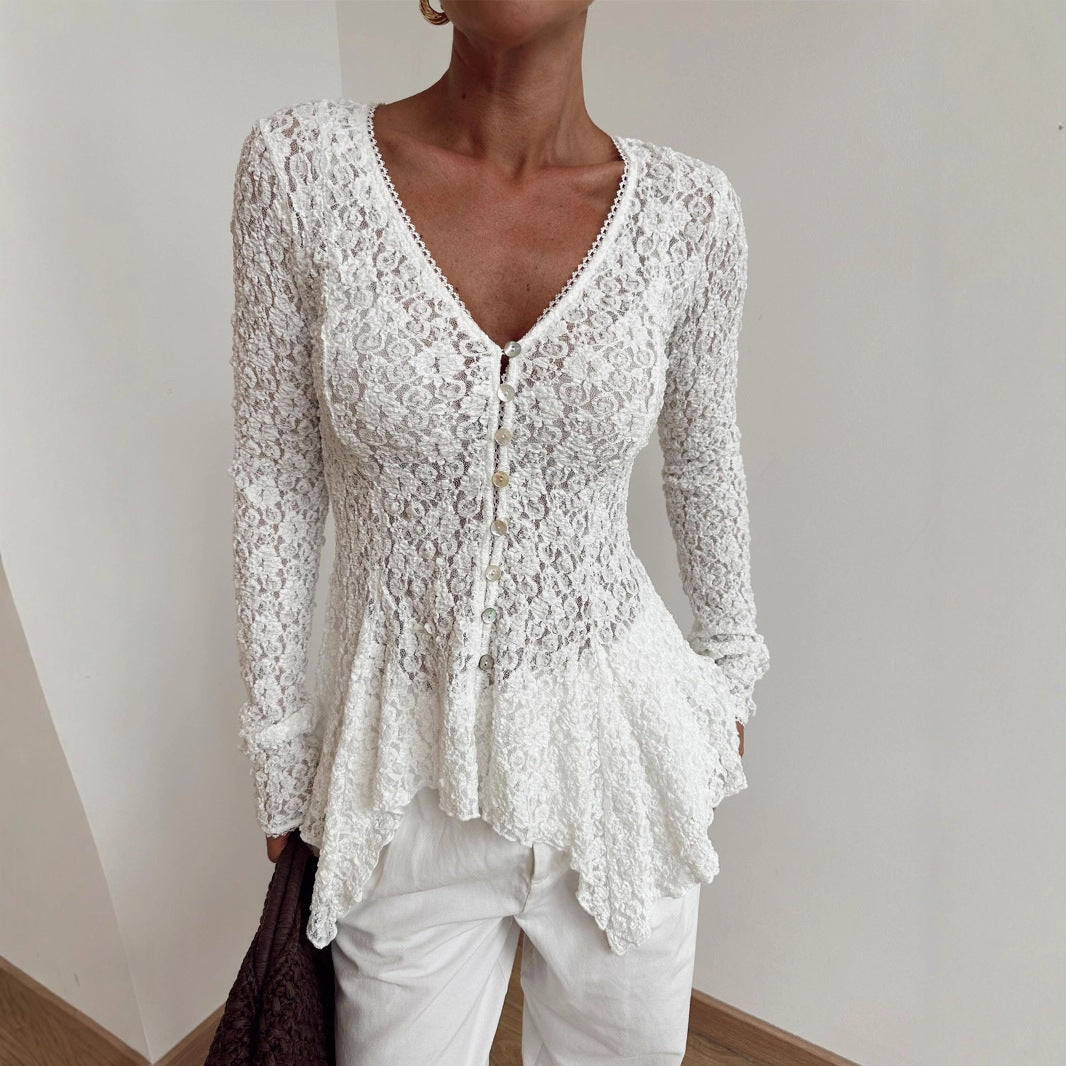 Autumn Best- Lace Cardigan Breasted Shirt Women Slim Fit Long Sleeved Fashionable All Match Elegant Top