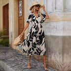 Floral Print Cross-Collar Slit Dress