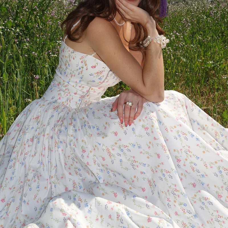French Pastoral Holiday Floral Strap Maxi Dress