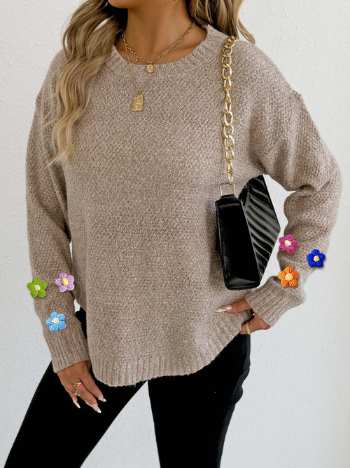 Women’s crew-neck pullover sweater, taupe knit with colorful floral applique on sleeves