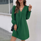 Patchwork Dress Autumn Women's V-Neck Pleating Long Sleeve Dress