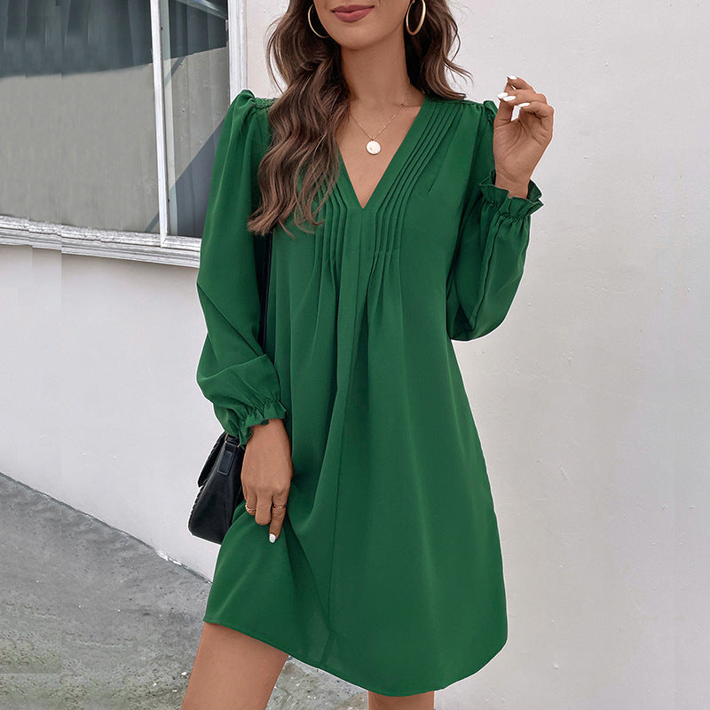 Patchwork Dress Autumn Women's V-Neck Pleating Long Sleeve Dress