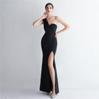Women's Satin Slim Fit One-Shoulder Long Debutante Gala Dinner Slim Fit Dress