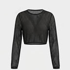 Black long-sleeve mesh crop top with round neckline