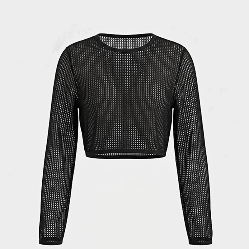 Black long-sleeve mesh crop top with round neckline