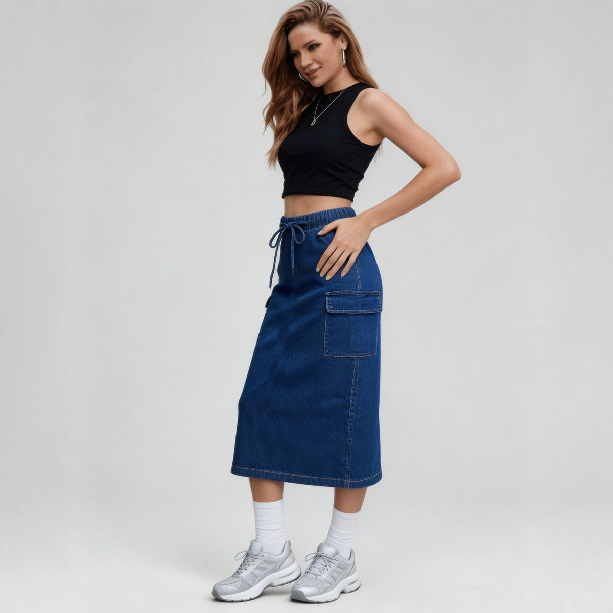 High-Waist Midi Denim Skirt
