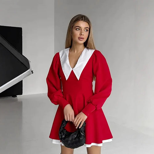 Doll Collar Short Stitching Dress Spring Waist Tight Lantern Sleeve Short Dress Women