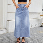 Spring Summer High Waist Denim Loose Pockets Long Skirt