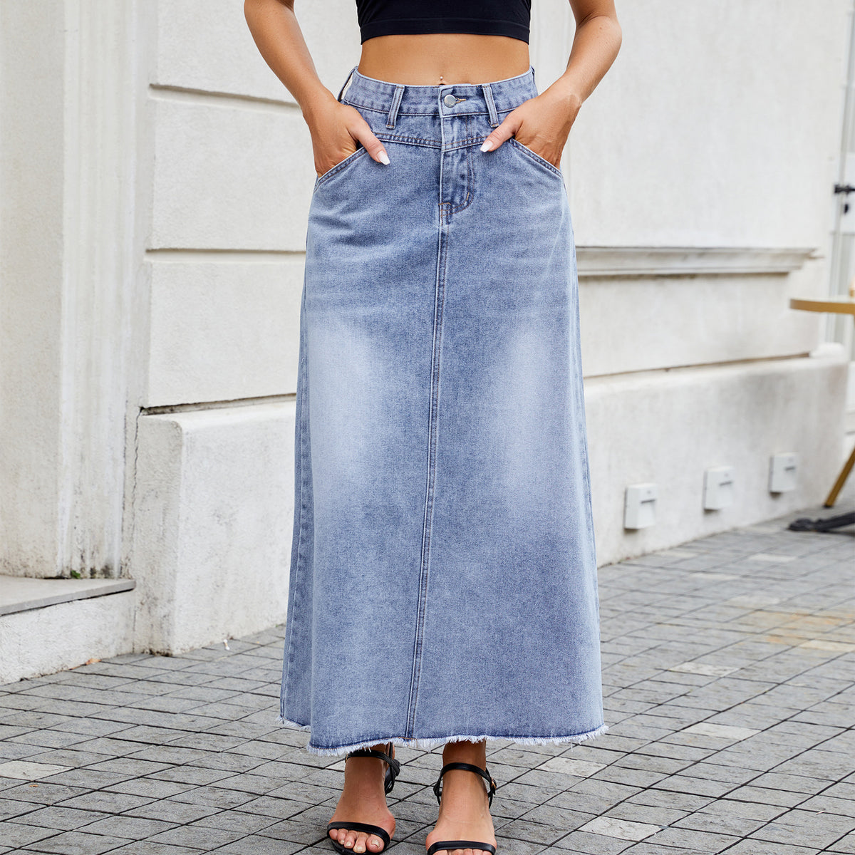 Spring Summer High Waist Denim Loose Pockets Long Skirt