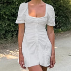 White Cotton Puff-Sleeve Mini Dress