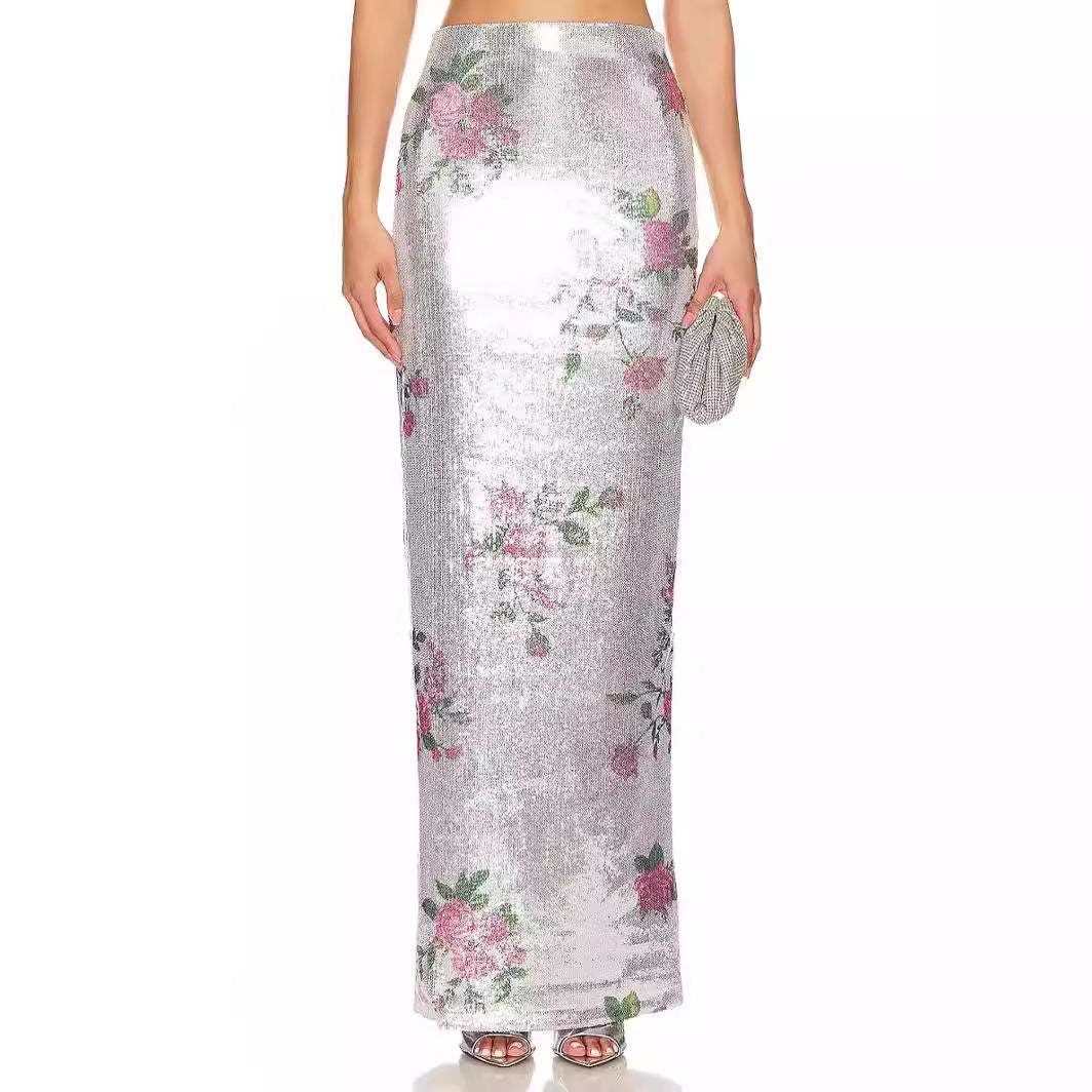 Women's Romantic Vacation Fresh Retro Printed Thin Mesh Skirt Summer Elegant Casual Skirt Sequins