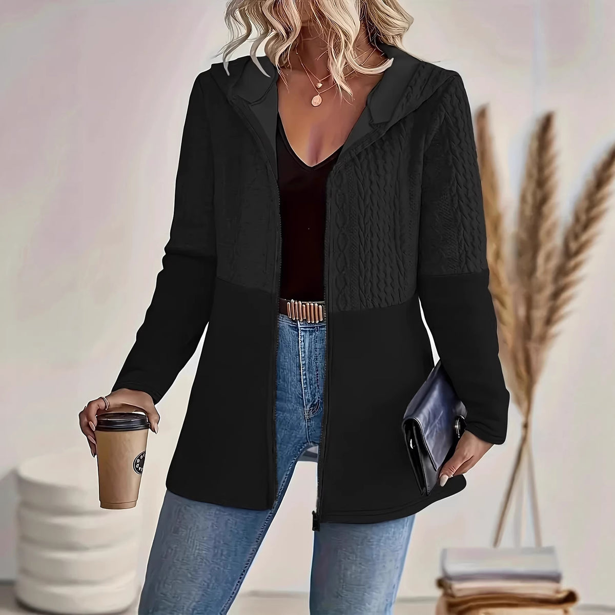 Plus Size Women Clothing Fall Winter Patchwork Casual Loose Jacket