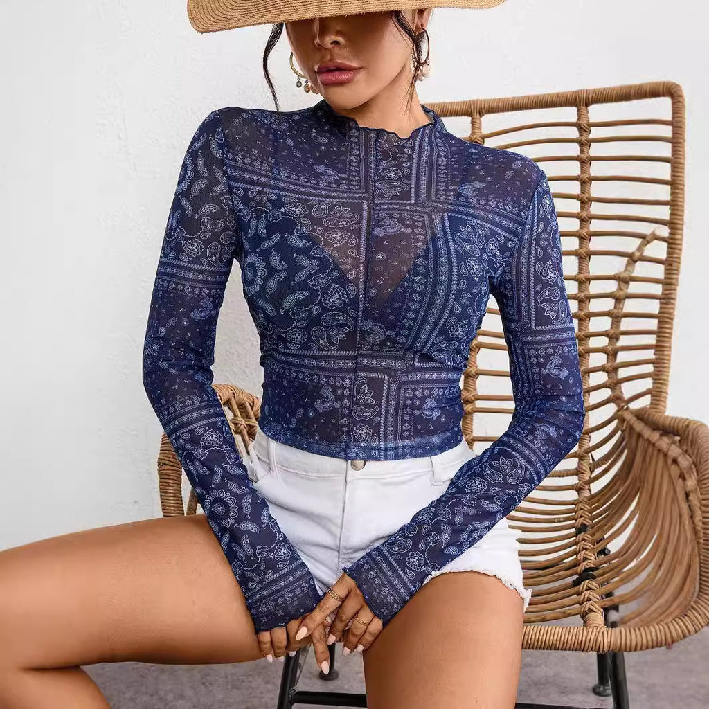 Women's Spring Summer Elegant Women Mesh Floral Print Stand Collar Long Sleeve Short T Shirt Top Women