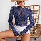 Women's Spring Summer Elegant Women Mesh Floral Print Stand Collar Long Sleeve Short T Shirt Top Women