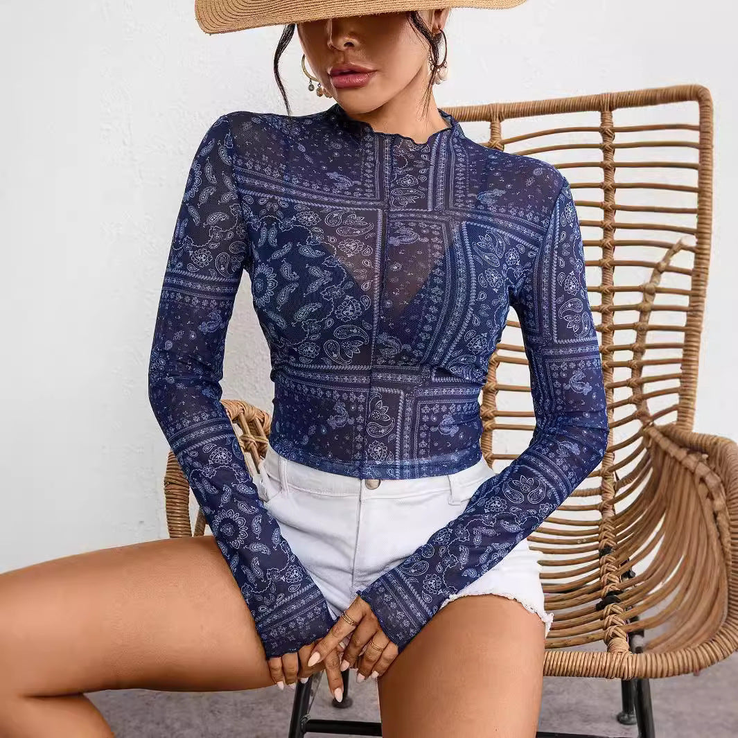 Women's Spring Summer Elegant Women Mesh Floral Print Stand Collar Long Sleeve Short T Shirt Top Women