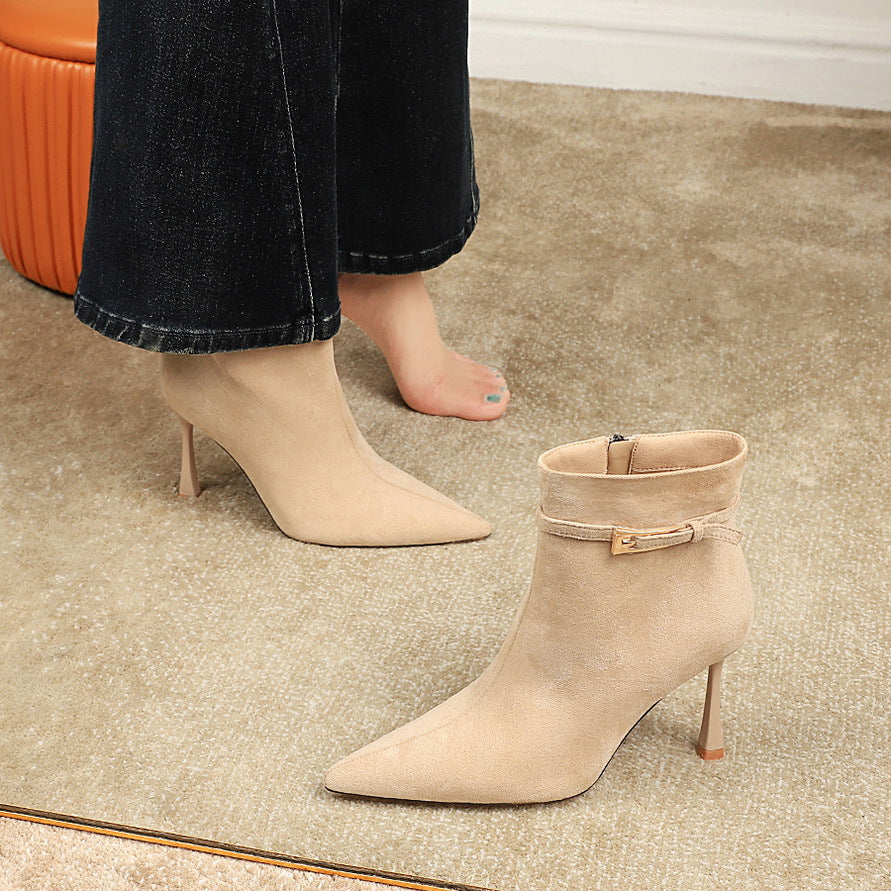 Women's Pointed-Toe Suede Buckle Stiletto Boots