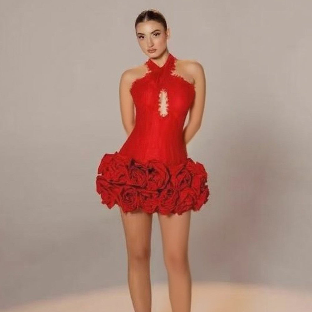 Sexy Halter Backless Lace Edge Red Floral Tight Party Bandage Mini Dress