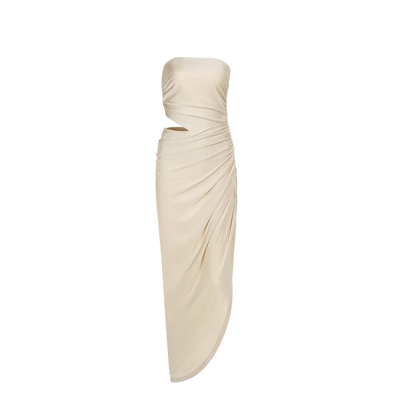Women's Strapless Ruched Cutout Split Midi Dress