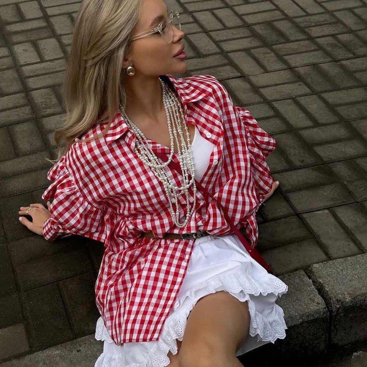Cotton Plaid Shirt Design Ruffled Collared Long Sleeve Cardigan