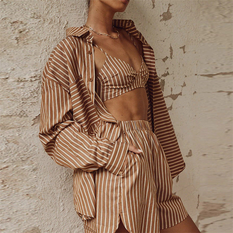 Women's Summer Three-Piece Striped Single Breasted Long-Sleeve Collared Shirt Shorts Casual Set