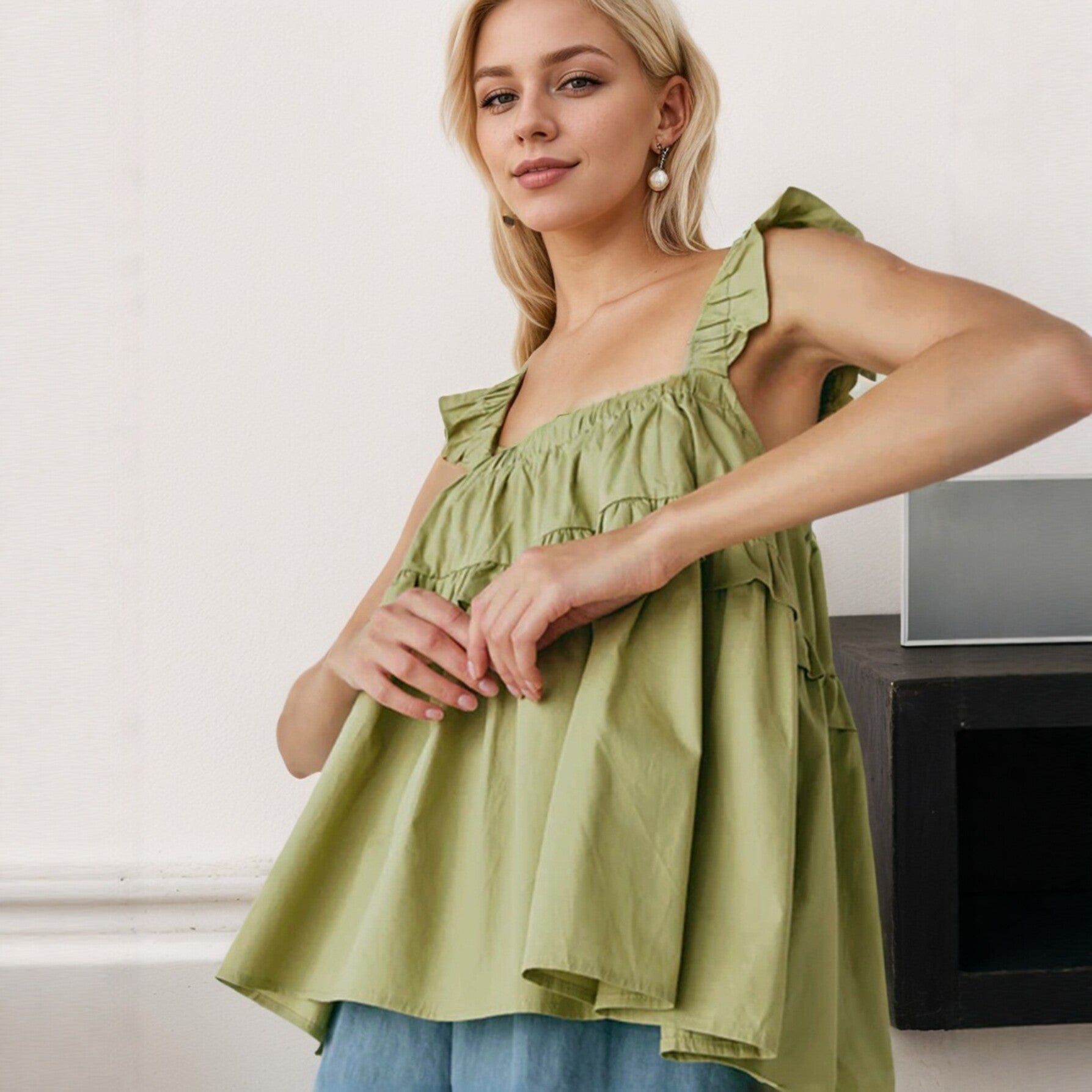 Ruffled Flounced Sleeve Camisole Pleated Design Loose All
