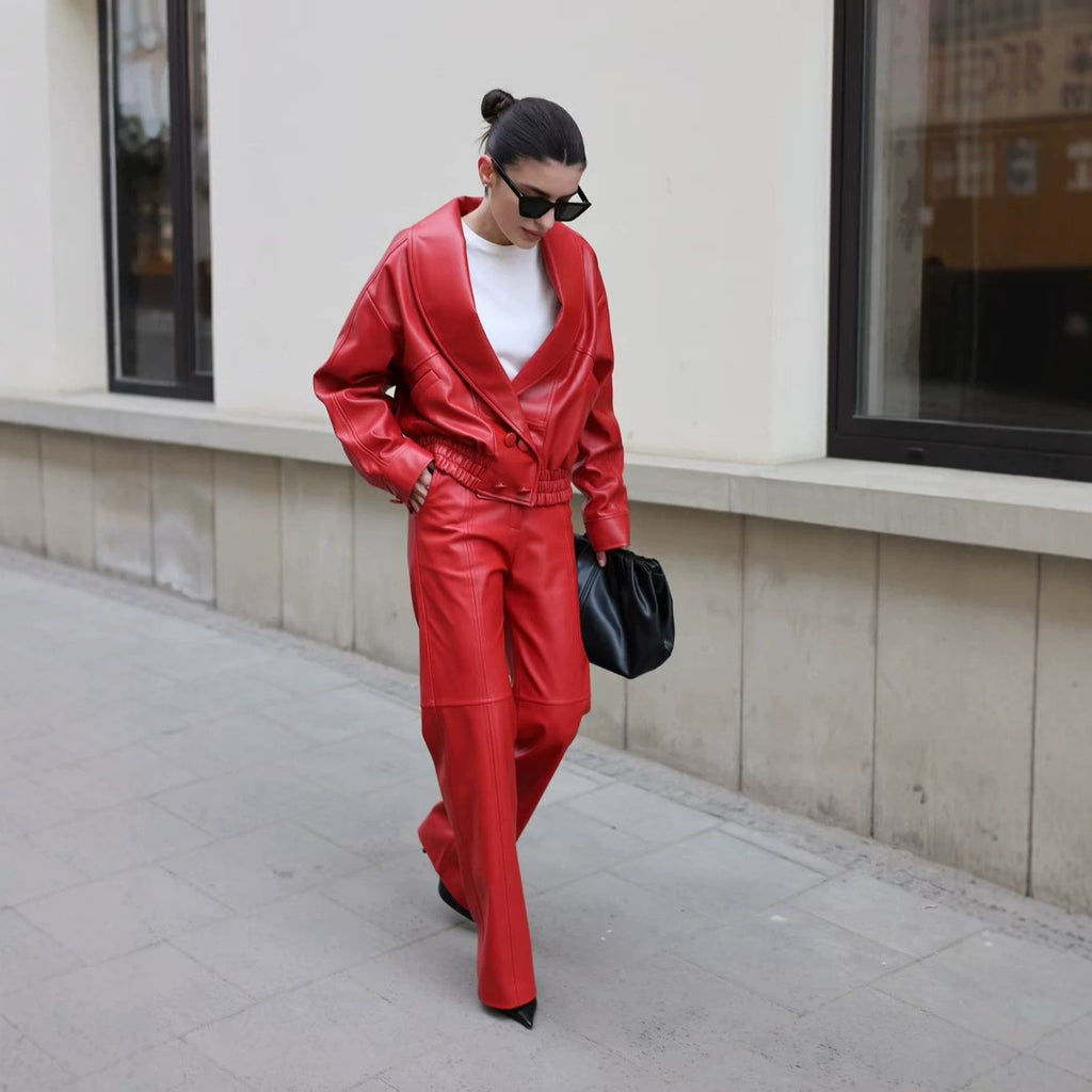 Women Clothing Leather Leather Coat Collared Casual Loose Short Leather Jacket Pant Sets