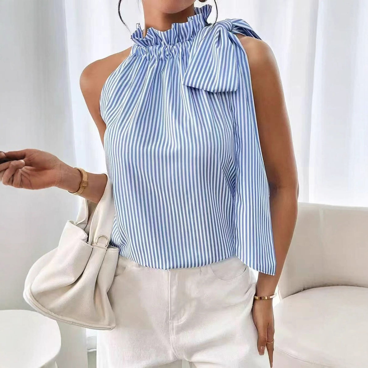 Women's Sleeveless Striped Stand Collar Lace Up Ruffled Bow Bandage Vest Women Top