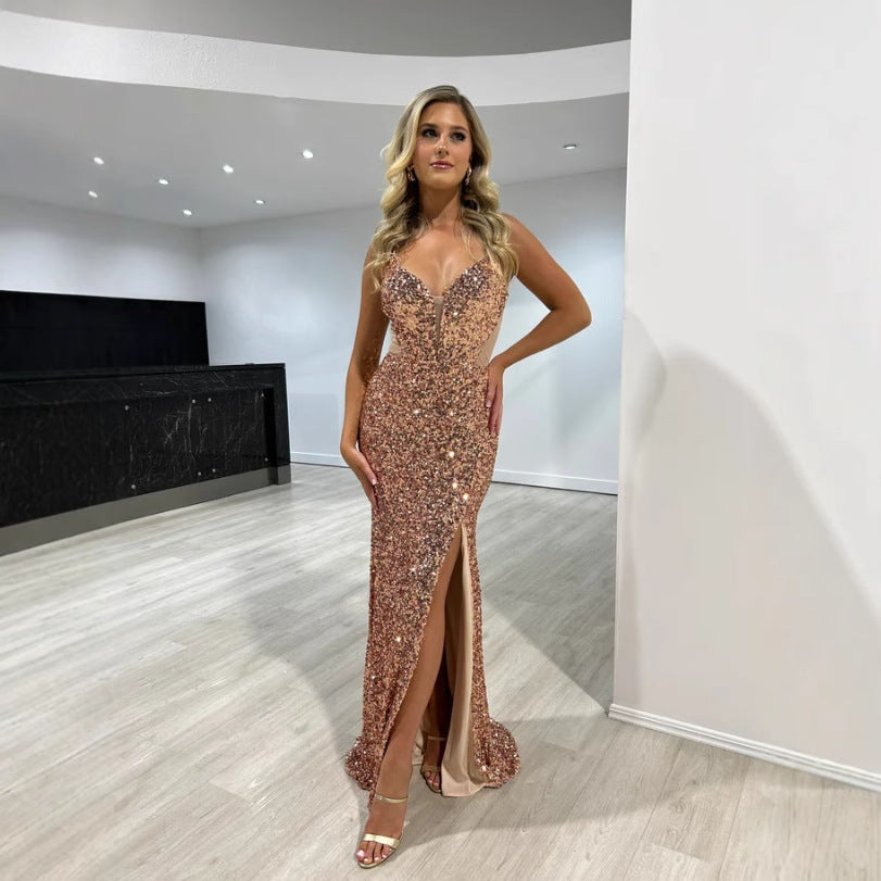 Women's Sequin Halter Backless Slit Bodycon Maxi Dress
