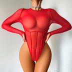 Long Sleeved Red See through Open Crotch Free off Tight Sexy Jumpsuit