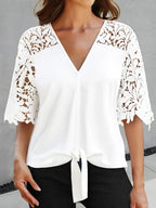 Women's Summer V Neck Sexy Lace Cutout Short Sleeved Chiffon Blouse Women Top