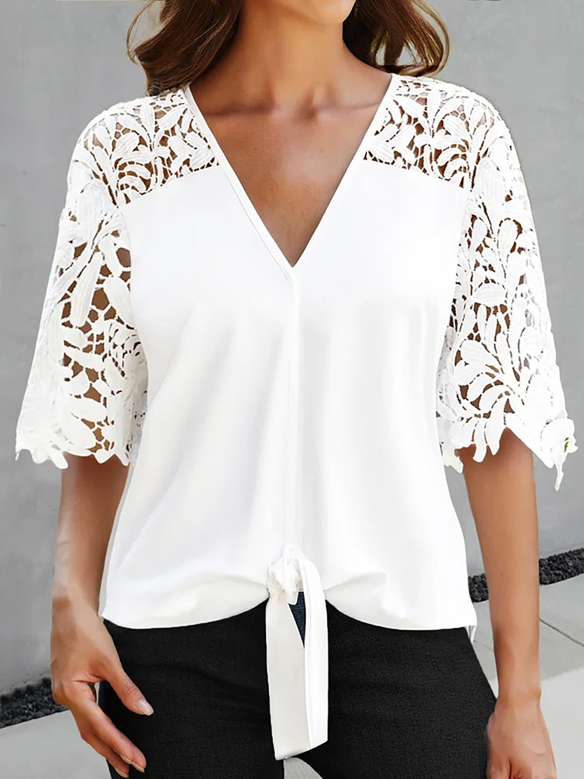 Women's Summer V Neck Sexy Lace Cutout Short Sleeved Chiffon Blouse Women Top