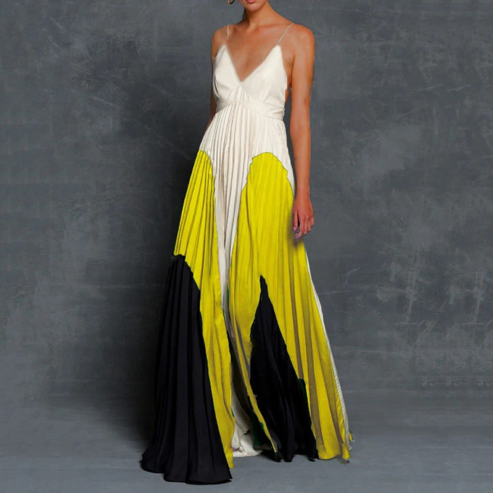 Long Color-Block Pleated Camisole Dress Long