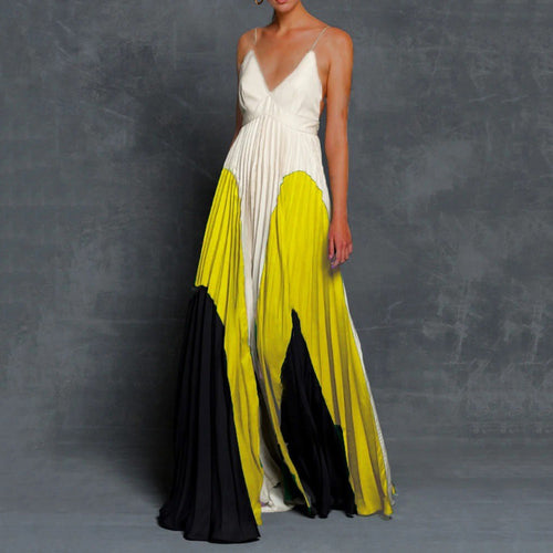Summer Women Clothing Dress Slim Fit Slimming Long Color Matching Pleated Cami Dress Long