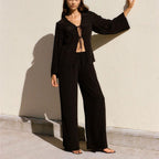 Autumn Winter French Lazy Lace up Cardigan Shirt High Waist Trousers Two Piece Sets Women