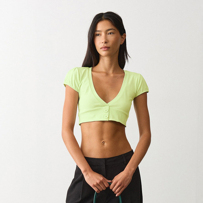 Women Clothing Summer Solid Color Low Neck Short Sleeve Button Cropped Sexy Small Top T shirt