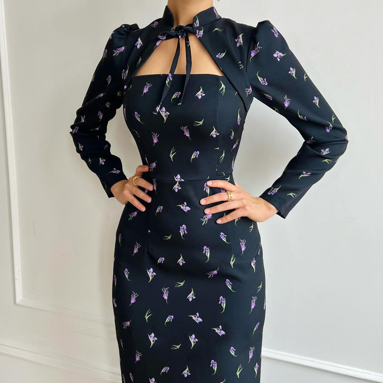 Floral Tie-Neck Slit Bodycon Maxi Dress
