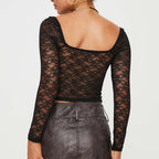 Women’s Black Sheer Lace V Neck Crop Top