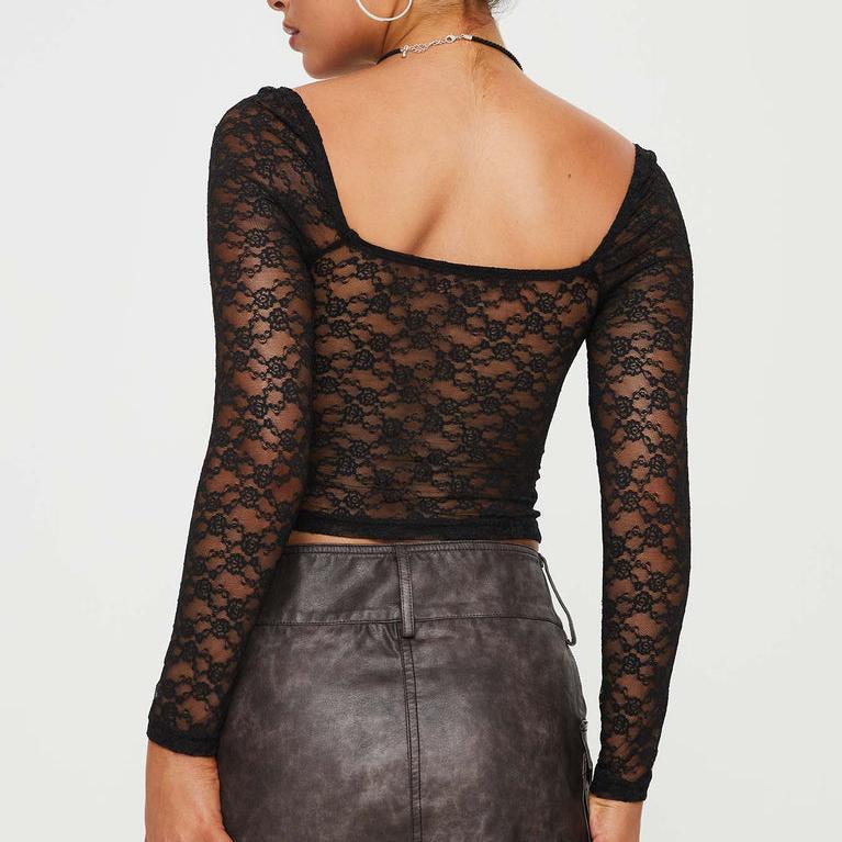 Women’s Black Sheer Lace V Neck Crop Top