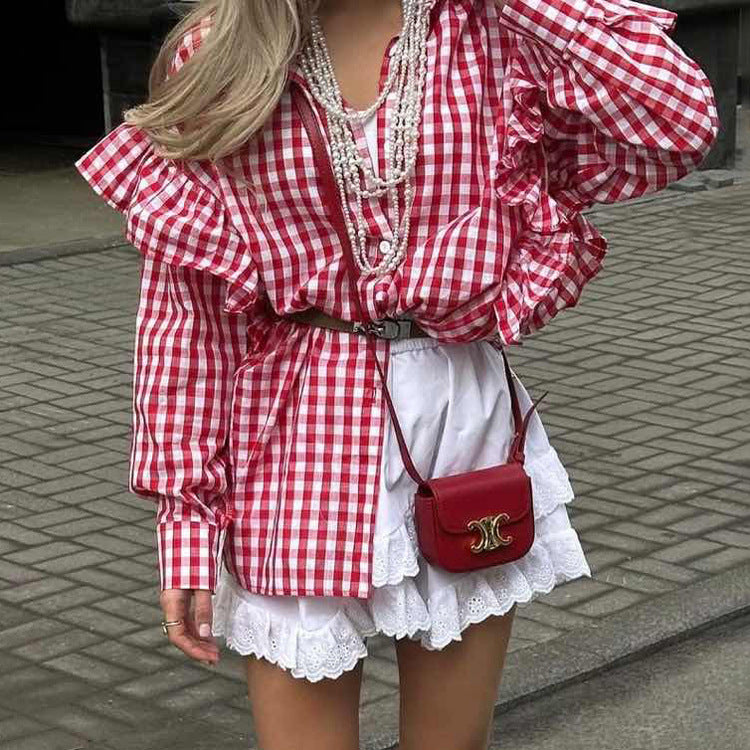 Cotton Plaid Shirt Design Ruffled Collared Long Sleeve Cardigan