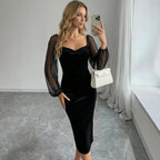 Women's Square Collar Velvet Long Sleeves Women Lantern Sleeve Waist Slimming Mid Length Hip Dress