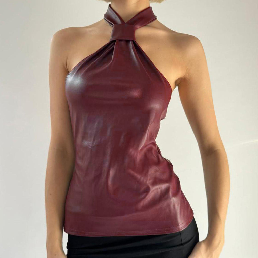 's Red Leather Halter Spaghetti Straps Slim Fit Elegant Tied