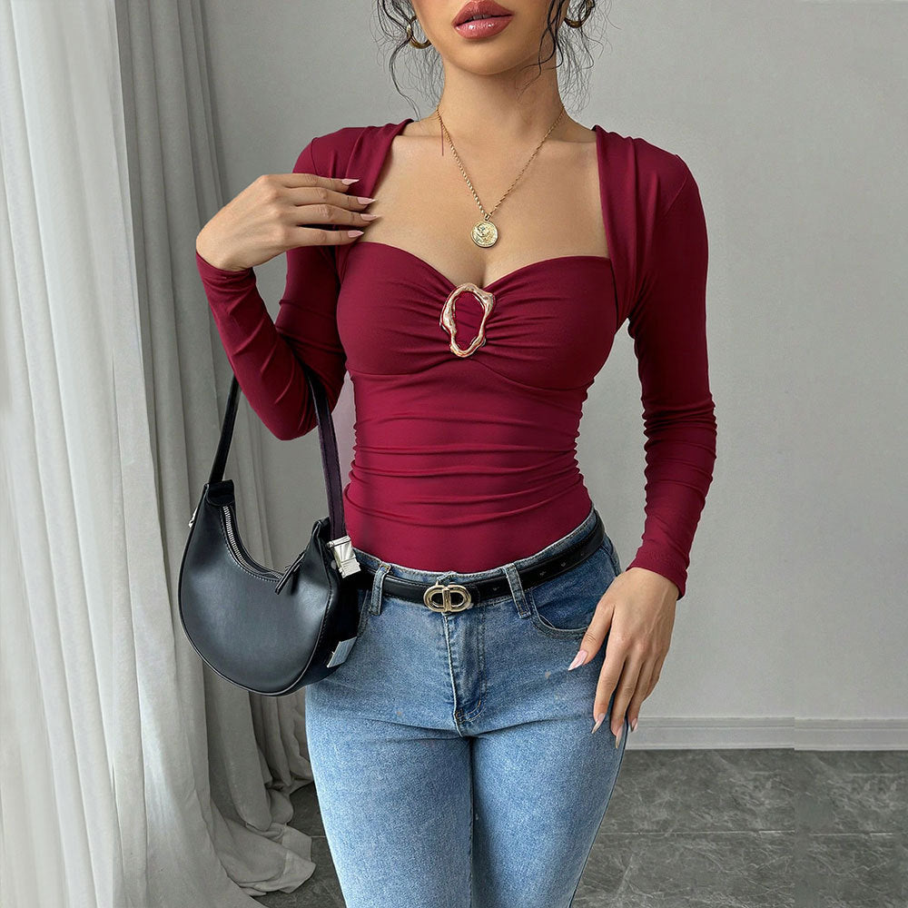 Women's Wine-Red Square-Neck Peplum Top